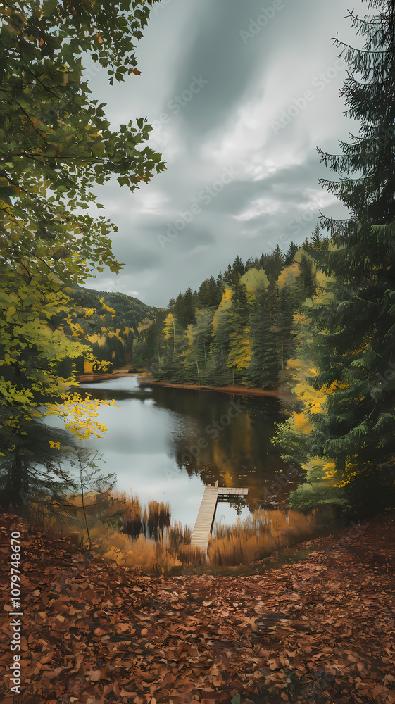 Fototapeta premium A serene lake surrounded by vibrant autumn trees under a moody sky, featuring a wooden dock extending into the water, capturing the beauty of nature in fall.