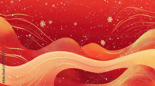 A vibrant red background with shimmering gold waves and scattered snowflakes, creating a festive and celebratory banner for the holiday season