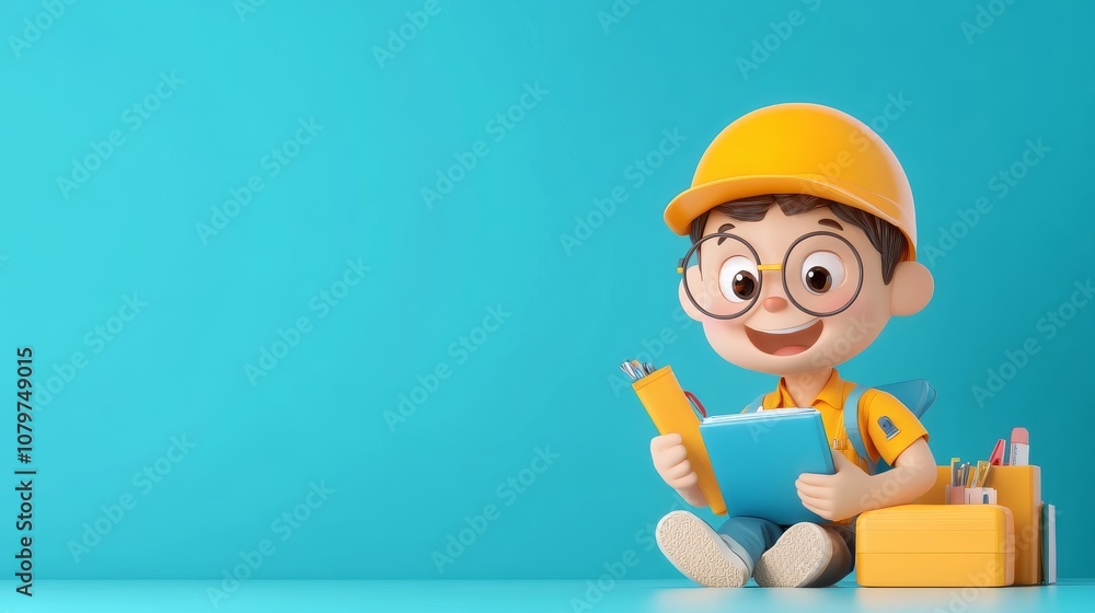 Cheerful Cartoon Character with School Supplies Cheerful Cartoon Character with School Supplies
