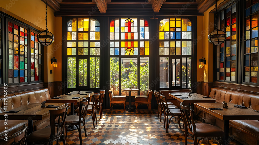 Japanese restaurant interior, 2D animation style, wooden tables and chairs with dark wood tones, soft lighting from lanterns, large windows Japanese restaurant interior, 2D animation style, wooden tables and chairs with dark wood tones, soft lighting from lanterns, large windows