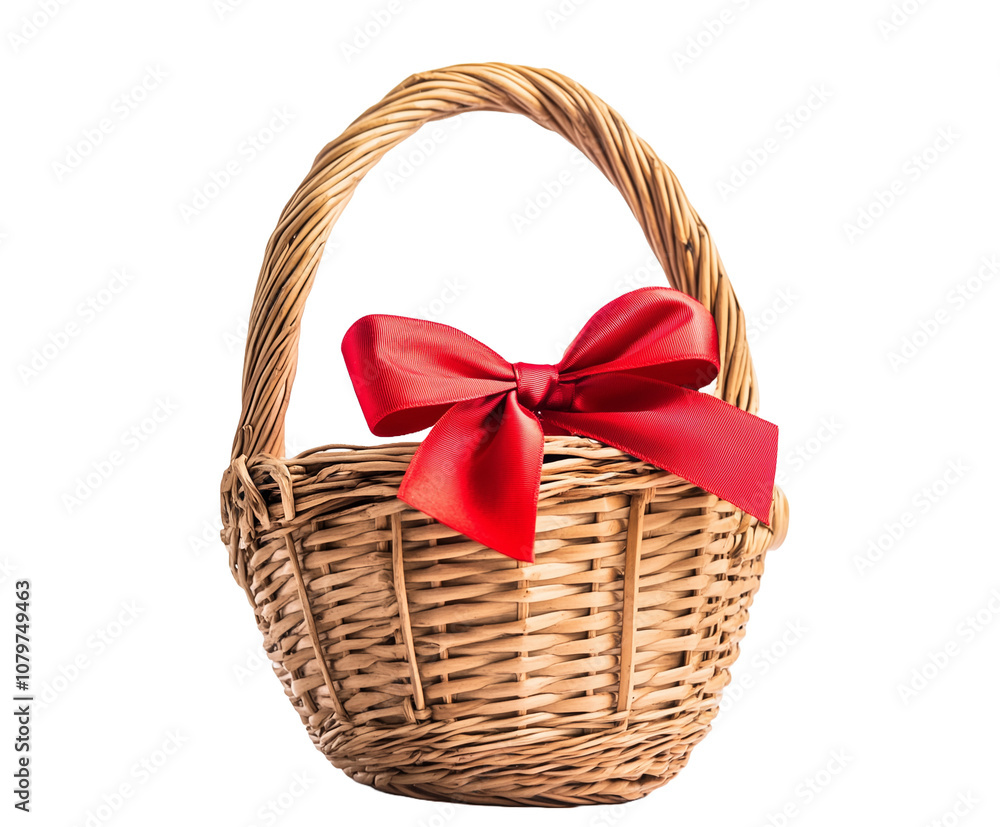 Empty wicker basket with a decorative red bow, Transparent background Empty wicker basket with a decorative red bow, Transparent background
