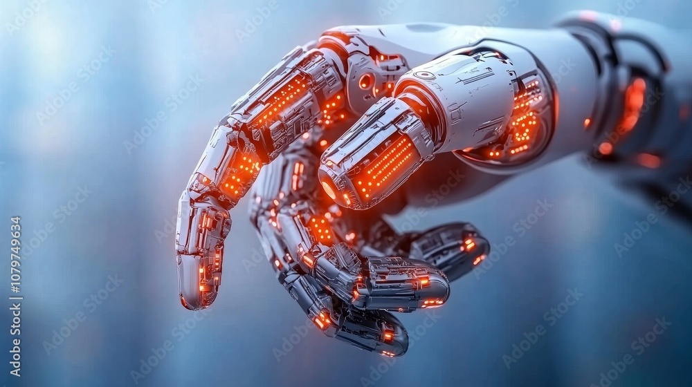 Futuristic Robotic Hand with Glowing Lights AI Technology Automation Cyborg Machine Learning Futuristic Robotic Hand with Glowing Lights AI Technology Automation Cyborg Machine Learning