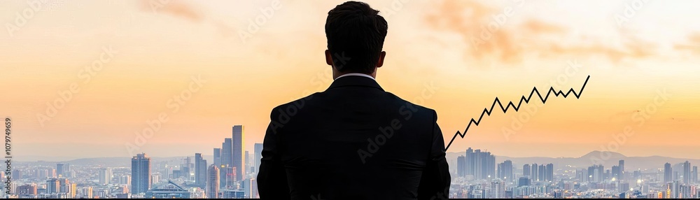 A businessman gazes at a city skyline during sunset, symbolizing growth and opportunity in a thriving urban environment.