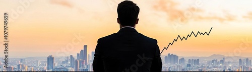 Obraz na płótnie A businessman gazes at a city skyline during sunset, symbolizing growth and opportunity in a thriving urban environment. w salonie
