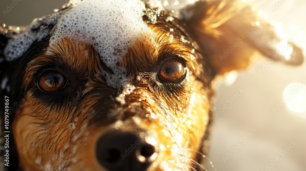 Obraz premium Bright Close-Up of Dog with Shampoo Lather in Bathtub