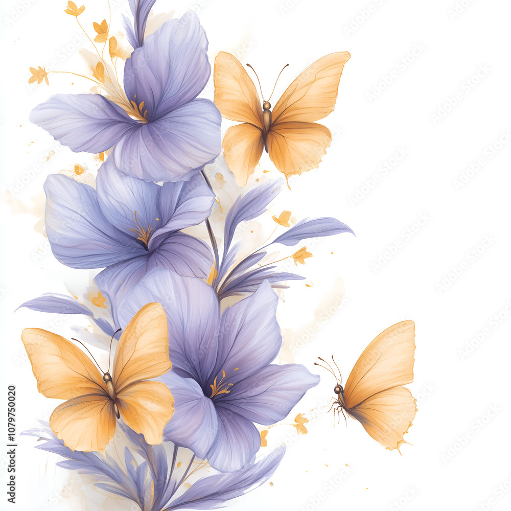 Obraz premium Purple flowers with yellow butterflies on a white background.