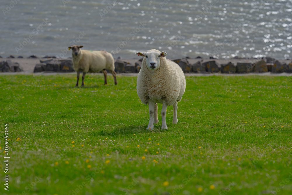 Obraz premium The sheep ovin lamb in the verdant meadows. Sheep on an farm. Sheep eating grass on a field. Sheep grazing in an alpine meadow. Cattle, livestock.