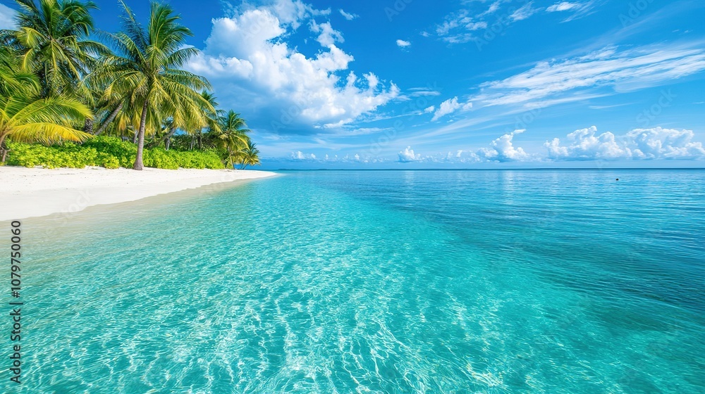 Fototapeta premium A tropical island adventure destination, with crystal-clear waters, palm trees, and white sandy beaches.