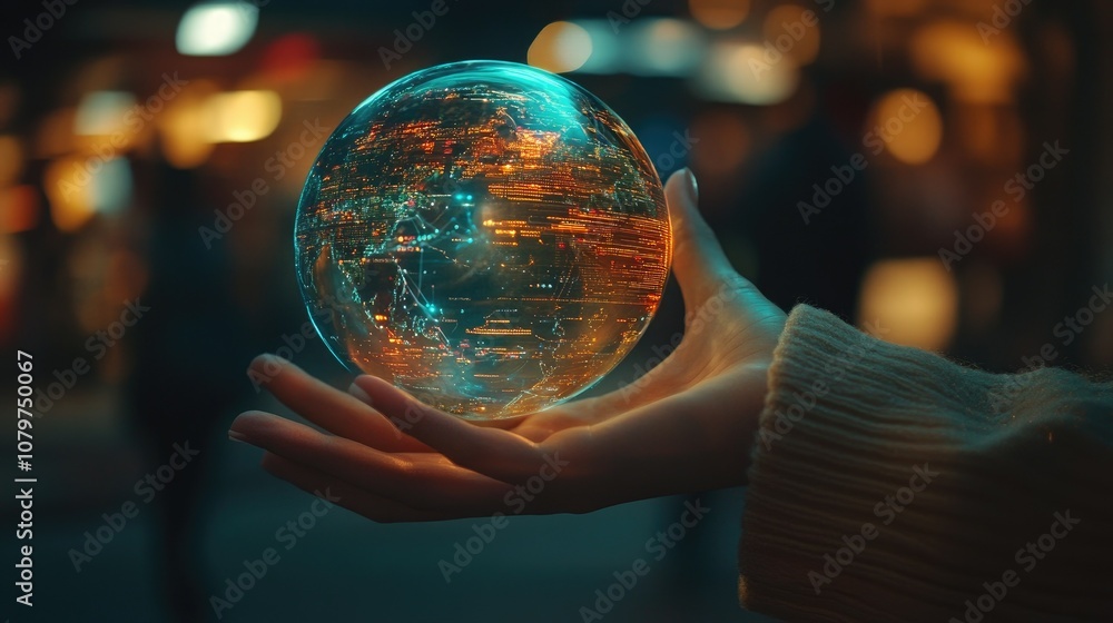 Fototapeta premium Close-up of a woman's hand holding a holographic globe with digital content streams, symbolizing the global flow of information