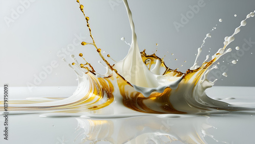 Liquid splash or Milk splash, 3d rendering,Milk splash close up, drink concept, package, illustration food, illustration ,Golden Liquid Splash Abstract, Abstract Flow Background,Wave Fluid Shape, 
