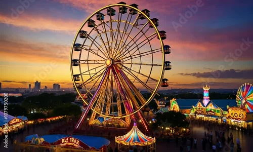 Wallpaper Mural Colorful ferris wheel lit up against a sunset sky at a fair. Torontodigital.ca