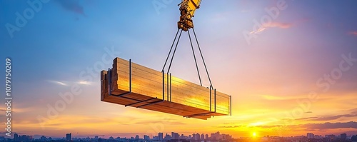 Construction site with crane arm lifting steel beams, dramatic angles, clear focus on scaffolding, breathtaking view of a sunset behind the city, glowing light photo