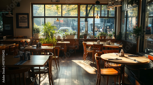 empty restaurant with wooden tables and chairs, taken during the day with natural light streaming in through large windows.