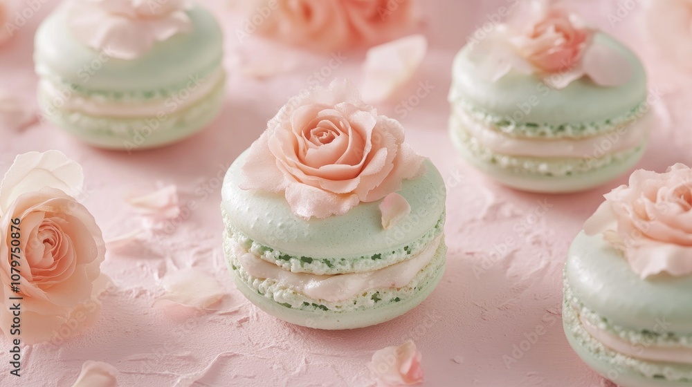 Soft and romantic floral macarons with a hint of mint placed artfully on a pale pink textured surface, creating a fresh and feminine dessert display Soft and romantic floral macarons with a hint of mint placed artfully on a pale pink textured surface, creating a fresh and feminine dessert display