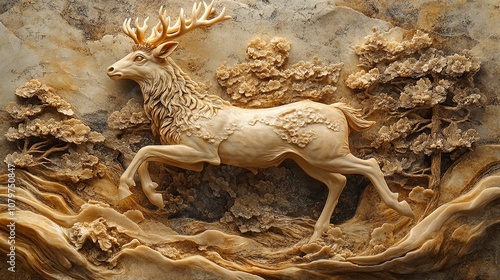 Intricate Carving of a Running Deer in a Forest Setting