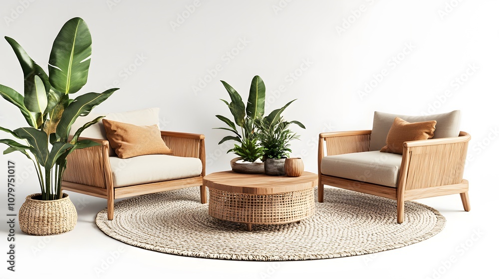 Two Wooden Armchairs with Cushions, a Woven Coffee Table, and Plants on a White Background Two Wooden Armchairs with Cushions, a Woven Coffee Table, and Plants on a White Background