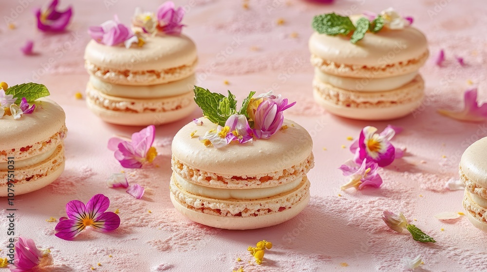 Sweet and delicate macarons with vibrant florals and mint leaves on a pink textured surface, perfect for springtime dessert photography Sweet and delicate macarons with vibrant florals and mint leaves on a pink textured surface, perfect for springtime dessert photography