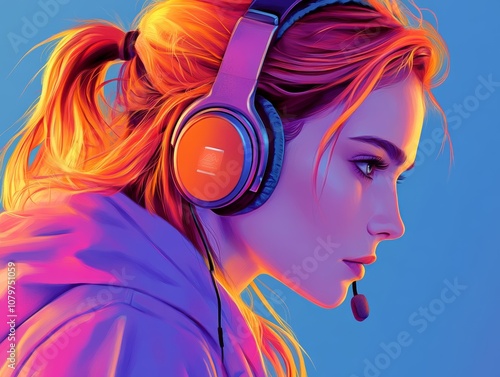 A profile of a young woman wearing a headset, highlighted with vibrant colors.