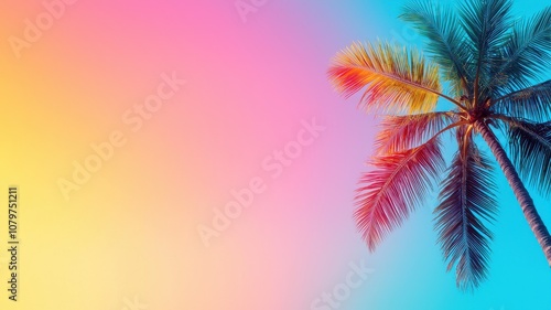 A vibrant, colorful background featuring a palm tree silhouette against a gradient of pink, orange, and blue hues.