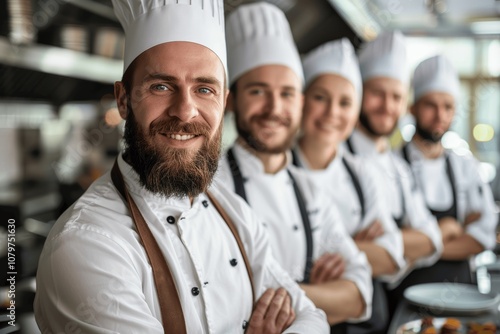 Fototapeta Naklejka Na Ścianę i Meble -  Group of Happy Restaurant Staff with Bearded Chef in Modern Kitchen