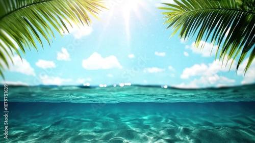 A serene beach scene with crystal-clear water, palm leaves framing the view, and sunlight shining down from a bright blue sky.