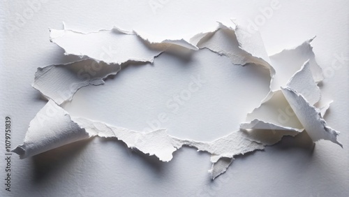 White backdrop, ripped paper, minimalist architecture, abstract detail.