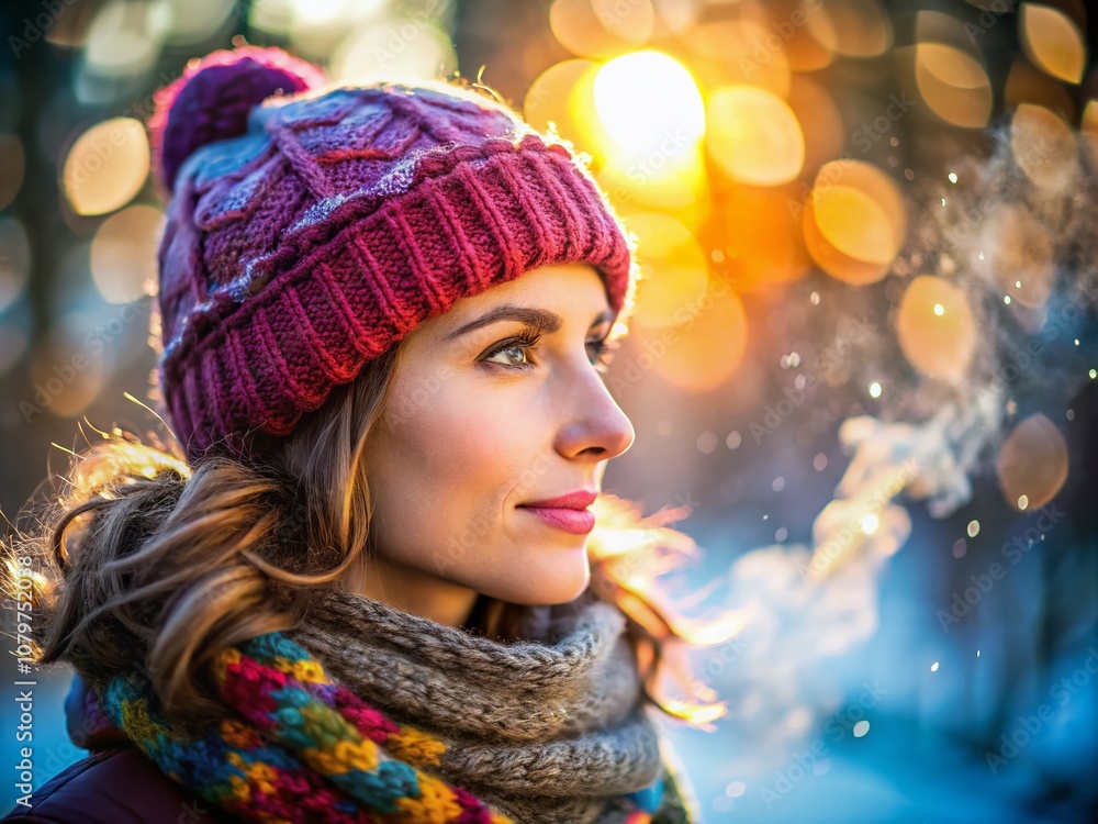Winter scene, a woman's warm exhale, soft light. Winter scene, a woman's warm exhale, soft light.