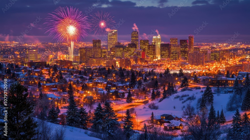 Denver Skyline with Fireworks. Denver Skyline with Fireworks.