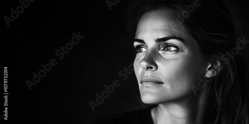 A black-and-white portrait of a woman with a thoughtful expression, captured in a candid moment.