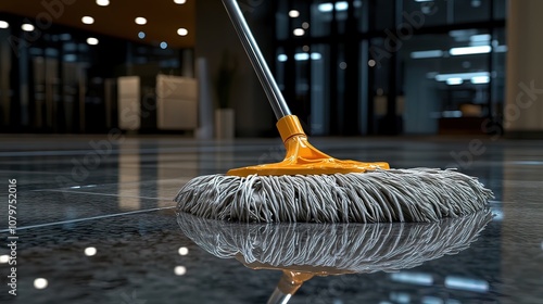 Wallpaper Mural A close-up of a mop cleaning a shiny, wet, tiled floor in an office building. Torontodigital.ca