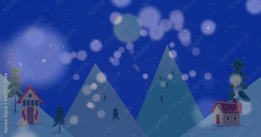 Image of light spots over winter landscape on blue background Image of light spots over winter landscape on blue background