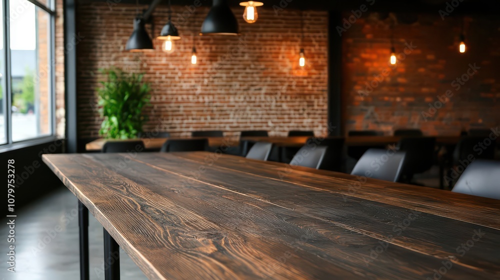 Coworking space with large communal desks made of reclaimed wood, exposed brick, and hanging industrial lights coworking space, reclaimed wood Coworking space with large communal desks made of reclaimed wood, exposed brick, and hanging industrial lights coworking space, reclaimed wood