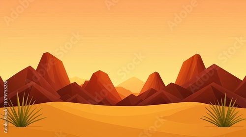 A breathtaking sunset in a desert landscape, showcasing majestic red mountains and sparse green vegetation against a vibrant orange sky.