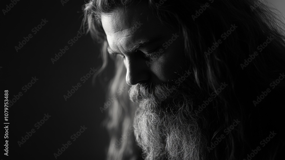 Dramatic black and white portrait of a bearded man with a pensive expression Dramatic black and white portrait of a bearded man with a pensive expression