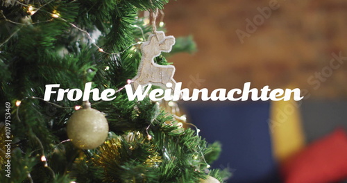 Image of frohe weihnachten text over christmas tree