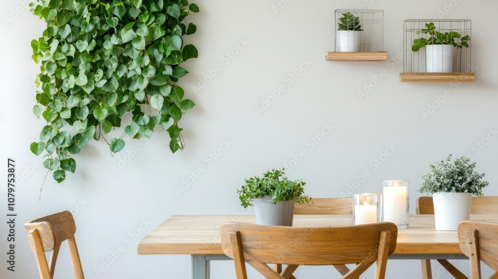 Dining room with plants climbing a feature wall, rustic wooden chairs, and cozy candlelit decor feature wall greenery, cozy dining Dining room with plants climbing a feature wall, rustic wooden chairs, and cozy candlelit decor feature wall greenery, cozy dining