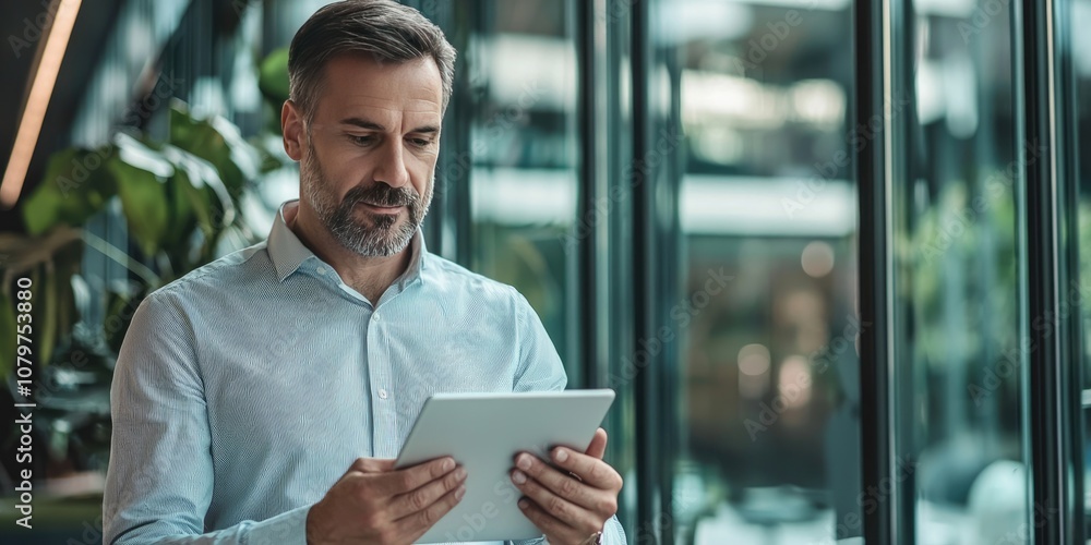 A businessman holding a tablet, reviewing a business presentation in a modern office setting, with a focused expression. A businessman holding a tablet, reviewing a business presentation in a modern office setting, with a focused expression.