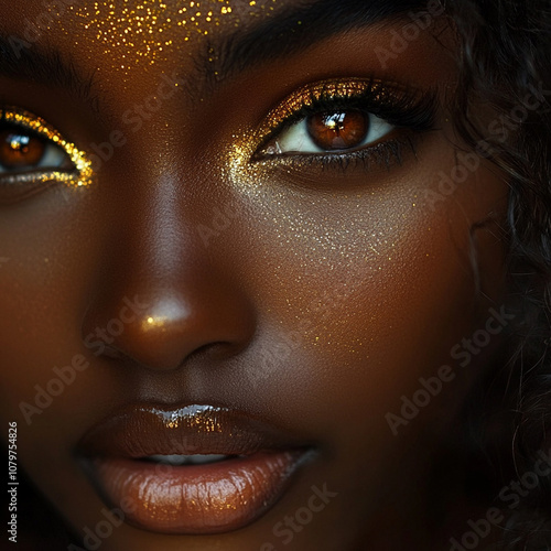 Close-up portrait of beautiful young African American woman with creative gold makeup with metallic gold glitter