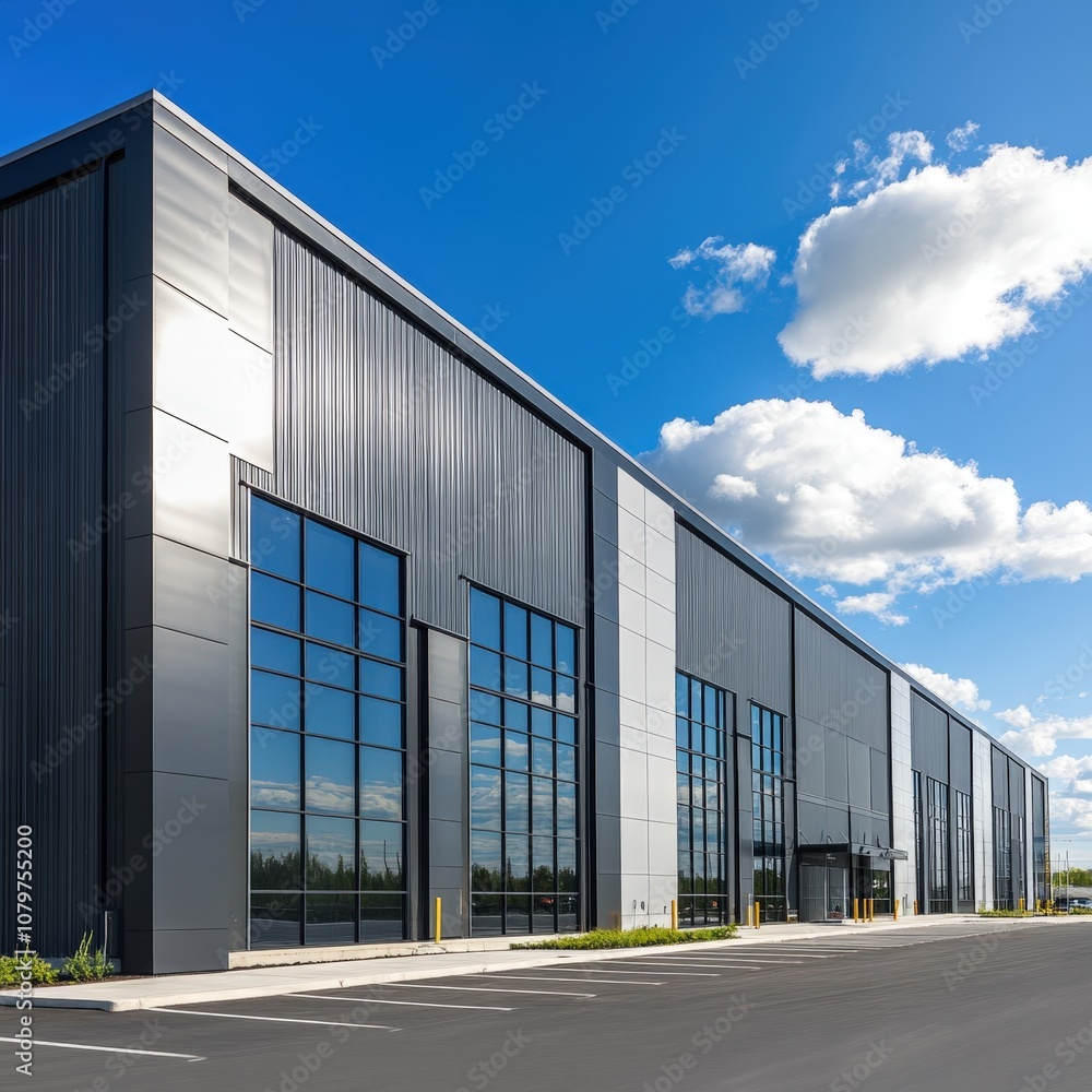 modern industrial warehouse building with large windows and parking lot modern industrial warehouse building with large windows and parking lot