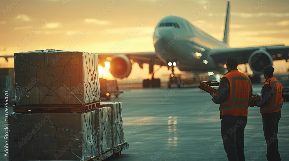 Cargo Workers at Airport with Airplane in Background Cargo Workers at Airport with Airplane in Background