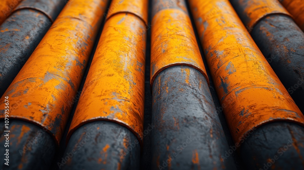 Close-up view of weathered steel pipes, showcasing a mix of orange rust and dark metal tones, conveying industrial aesthetics and texture. Close-up view of weathered steel pipes, showcasing a mix of orange rust and dark metal tones, conveying industrial aesthetics and texture.