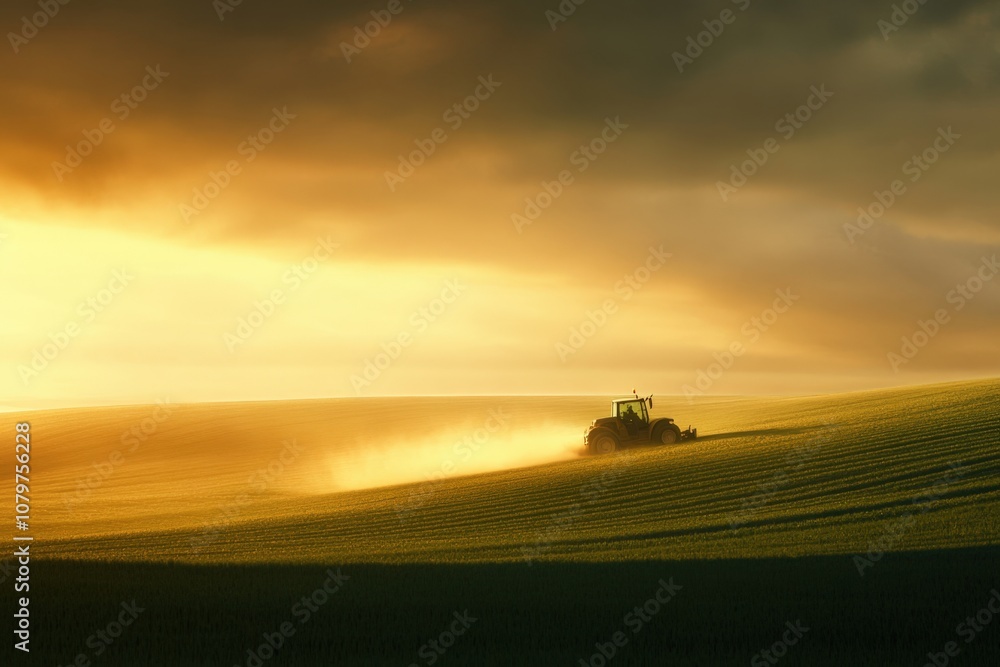 Fototapeta premium Tractor plowing field at sunset