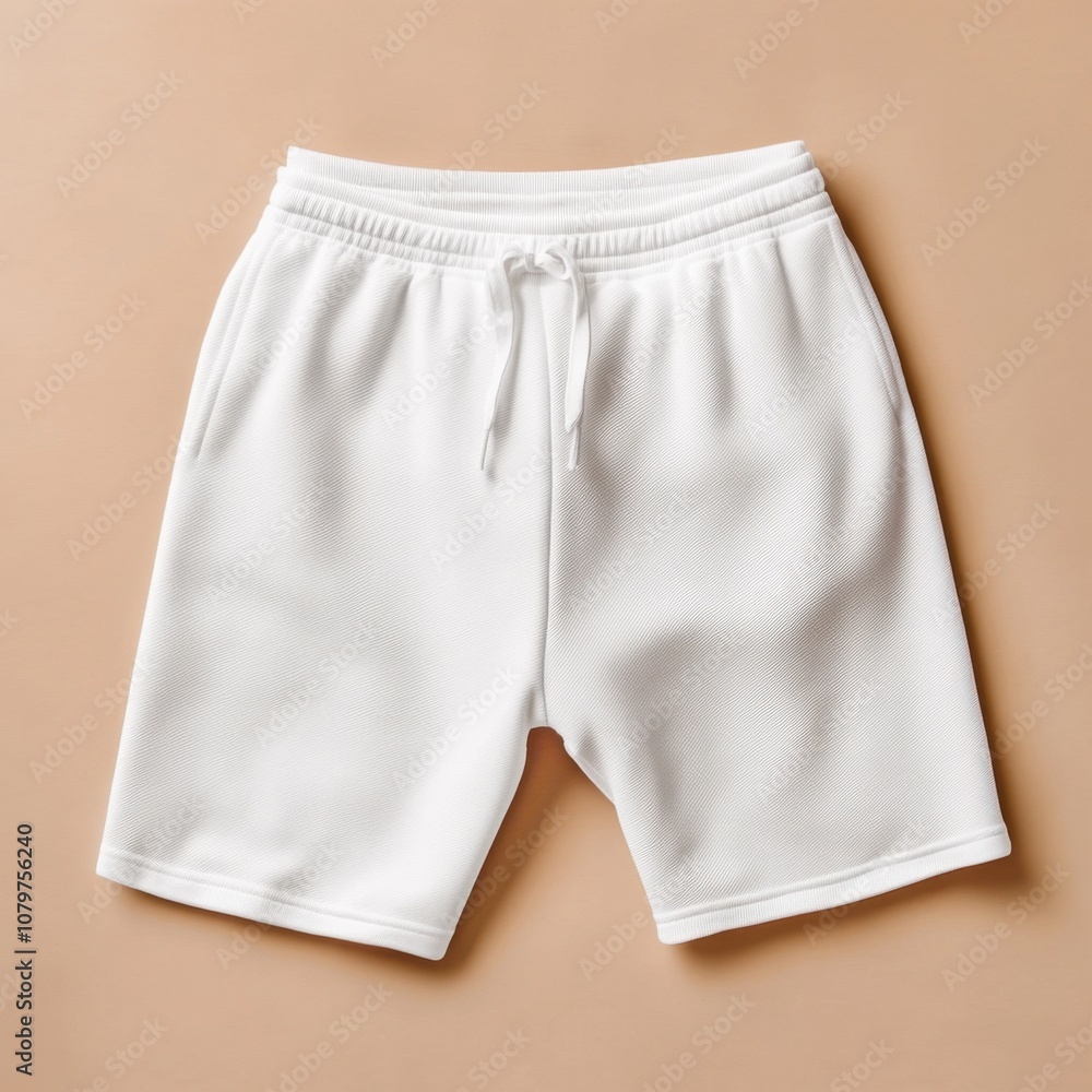 White men's sports shorts on a beige background, top view. Mockup image. White men's sports shorts on a beige background, top view. Mockup image.