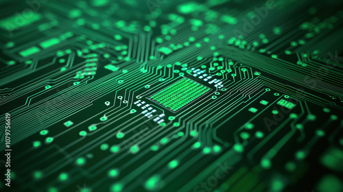 Quantum Computing Data Analytics Concept. A close-up view of a green circuit board, showcasing intricate pathways and a central chip, emphasizing technology and digital innovation.