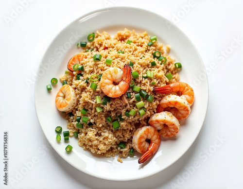 Fried rice with shrimps on a white plate isolated on white background angled view