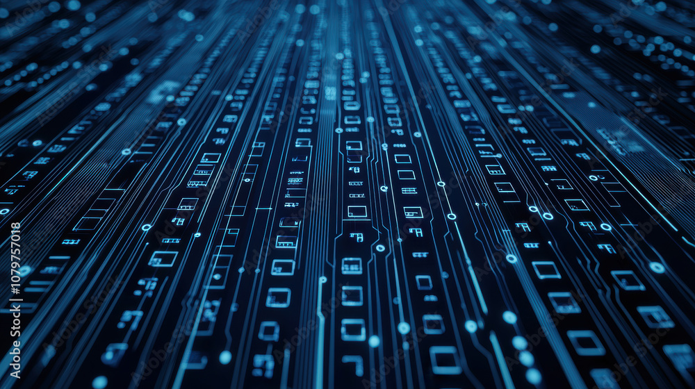 Quantum Computing Data Analytics Concept. A digital landscape of binary code streams in blue and black, representing data flow and technology. Quantum Computing Data Analytics Concept. A digital landscape of binary code streams in blue and black, representing data flow and technology.