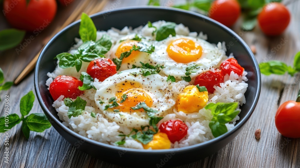 Delicious Rice Bowl with Fried Eggs and Cherry Tomatoes Delicious Rice Bowl with Fried Eggs and Cherry Tomatoes