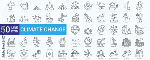 Climate change icon set with global warming, human health, temperature, earth, heat, atmospher, burning, and deforestation
