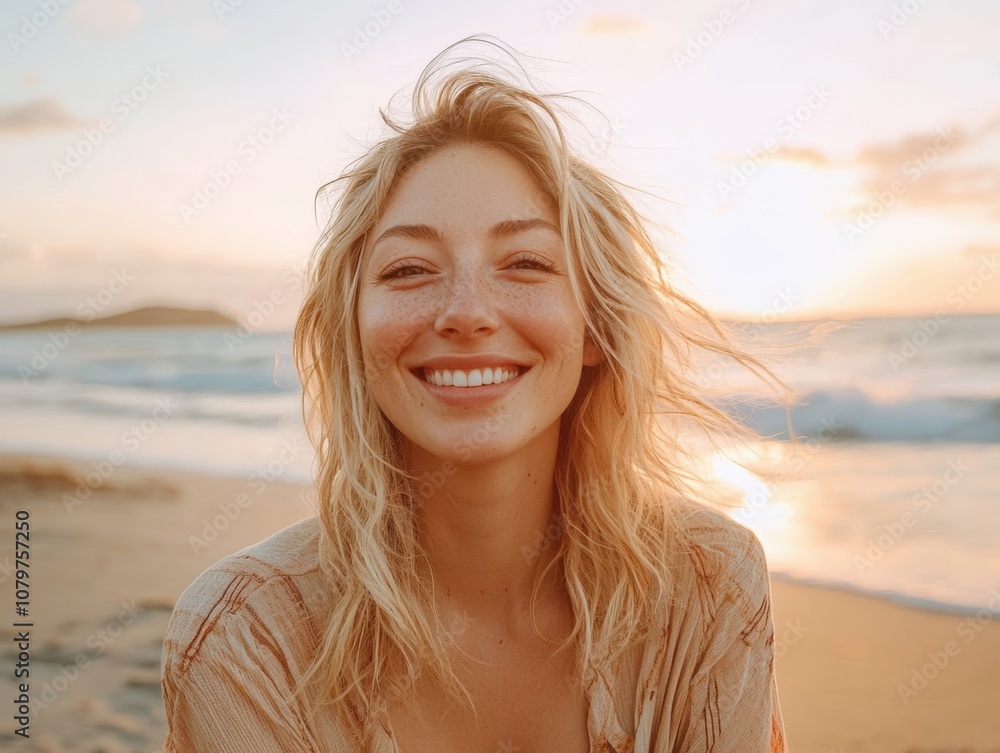 Smiling woman with windblown hair at sunset on the beach Smiling woman with windblown hair at sunset on the beach