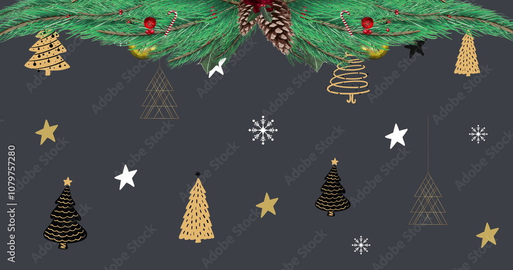Naklejka premium Image of fir tree with decorations over christmas trees and stars on black background